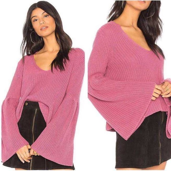 Free People Damsel Pink Bell Sleeve Knit Sweater - Picture 2 of 8